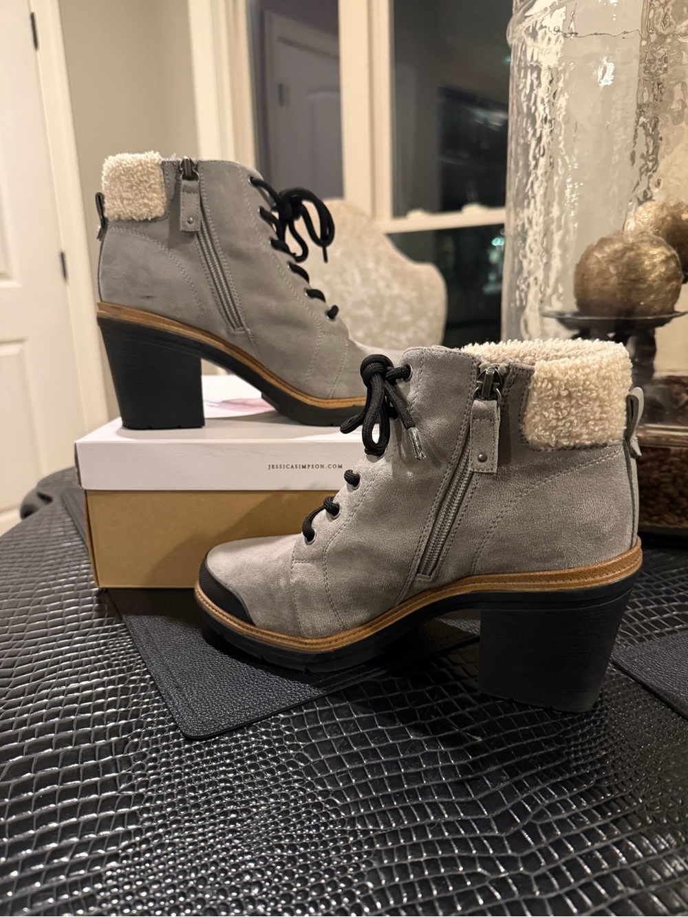 Grey Lace-Up Faux Shearling Ankle Boots - Dr Scholls.